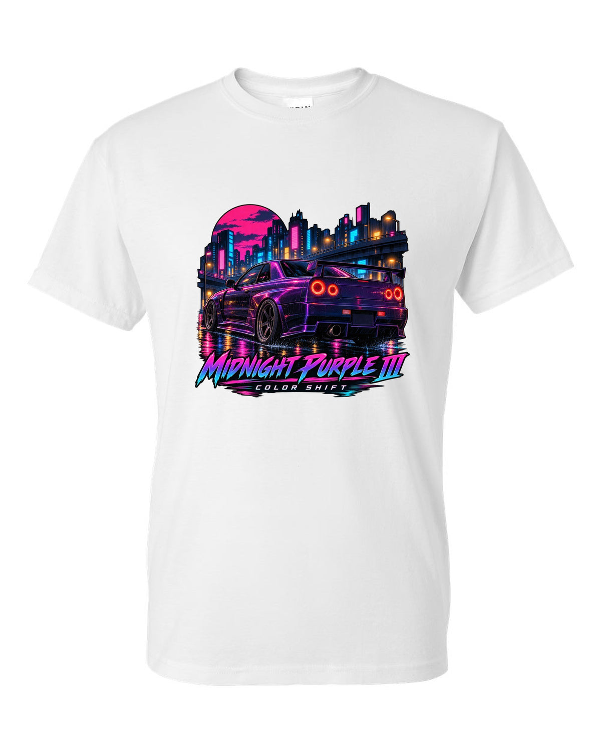 Cel-shaded anime night street print of a Midnight Purple III Nissan Skyline GT-R R34 BNR34 white t-shirt front view with the design