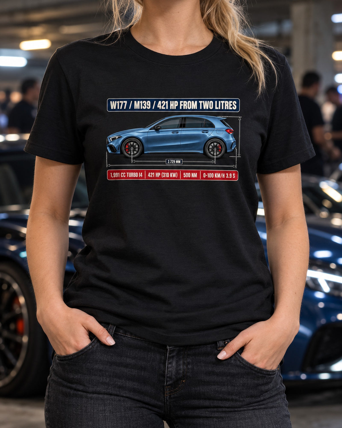 Mercedes-AMG A45 S W177 Dimension Blueprint Shirt T-Shirt Black worn hero