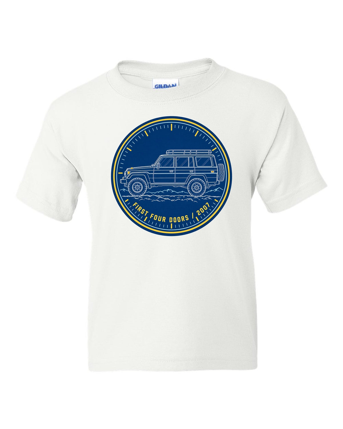 Jeep Wrangler JKU cyanotype blueprint design reading first four doors 2007 white kids tee front view with the design