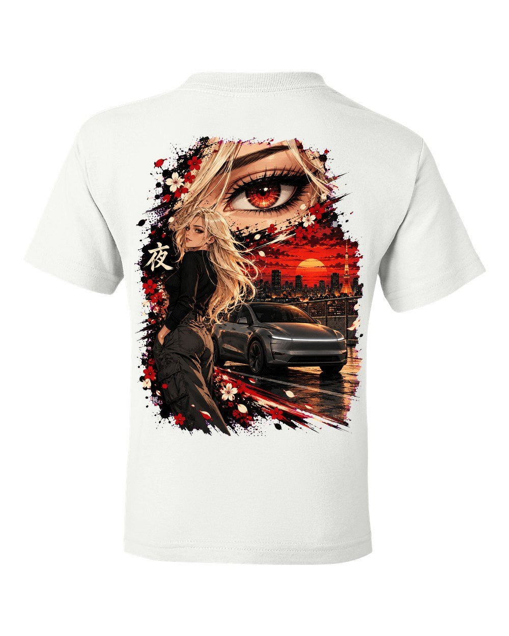 Tesla Model Y Juniper Anime Girl Kids Tee White back