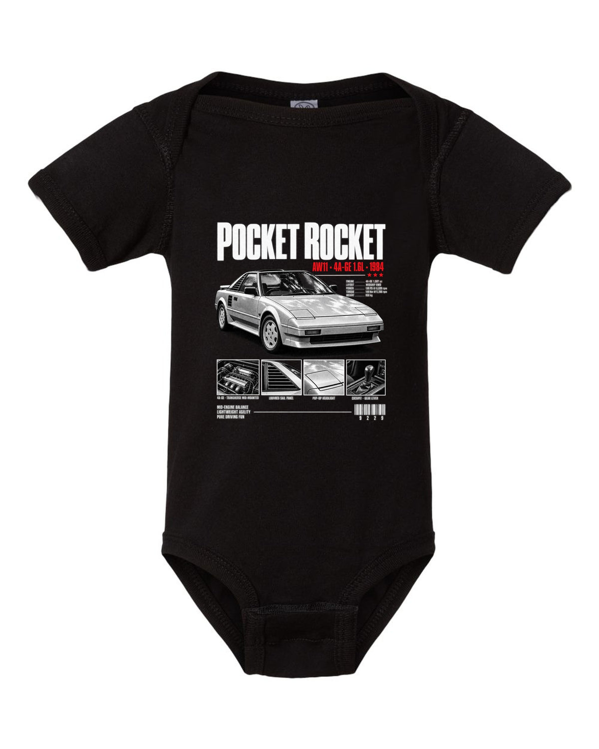 Dossier panel print of a Toyota MR2 AW11 with Pocket Rocket and 4A-GE text black baby onesie front view with the design