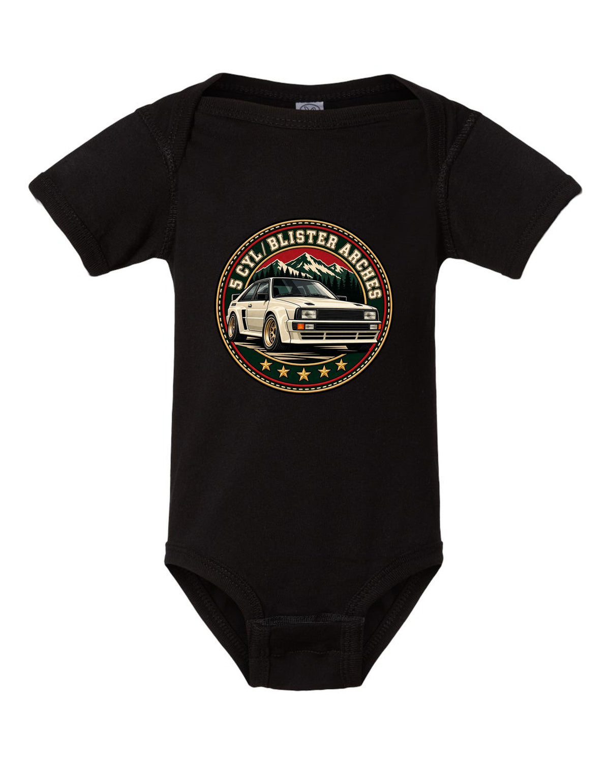 Varsity crest print of an Audi Ur-Quattro with blister arches text black baby onesie front view with the design