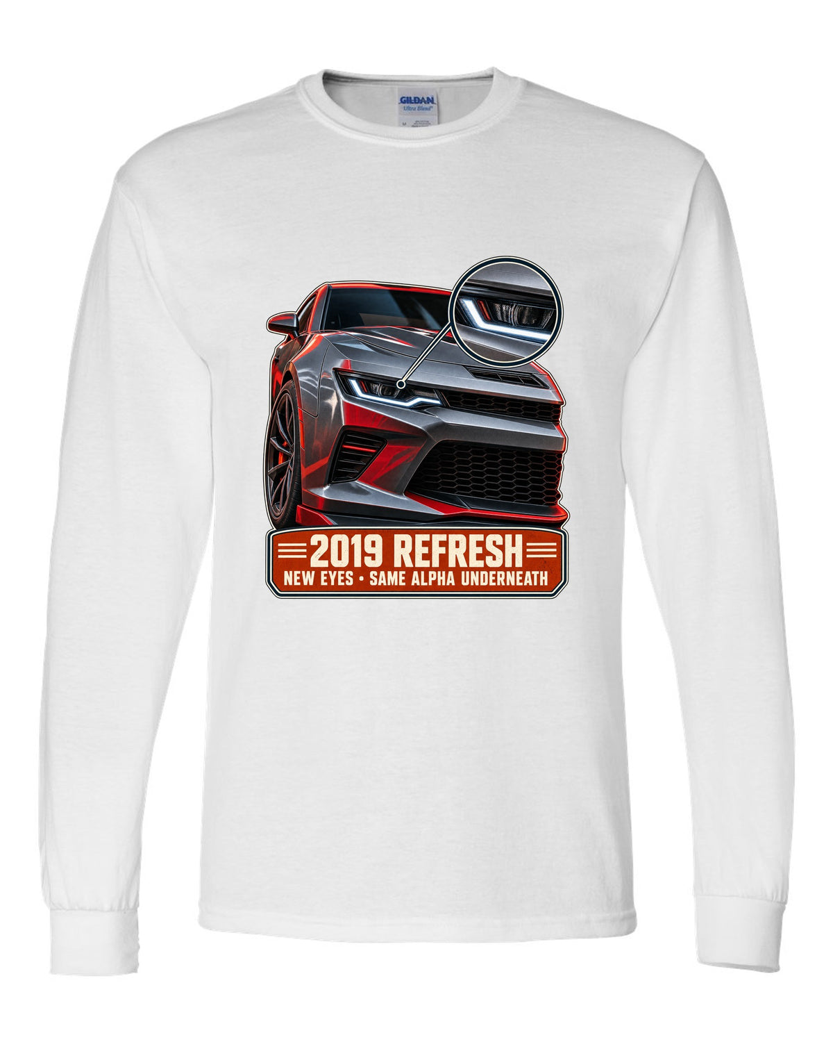 Macro detail print of a 2019 Chevrolet Camaro SS refresh white long sleeve front view with the design