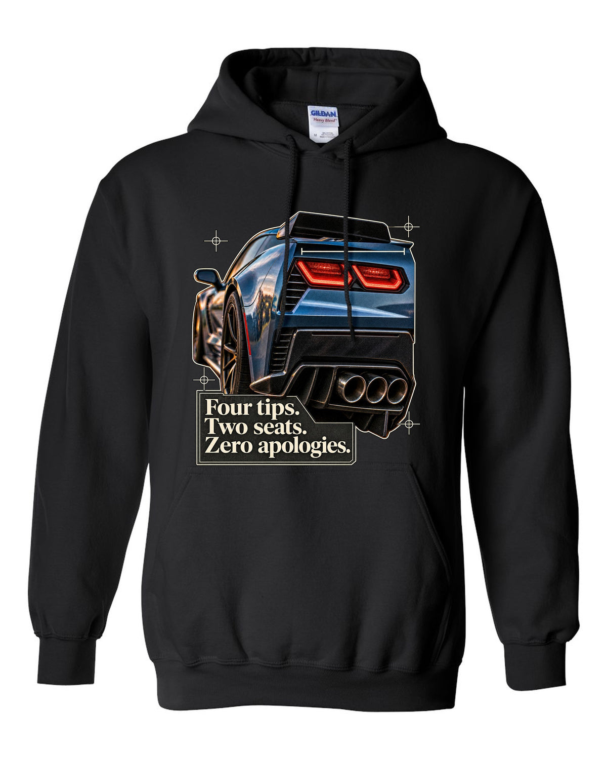 print of a Chevrolet Corvette C7 Z06 rear tail macro with four exhaust tips text black pull over hoodie front view with the design