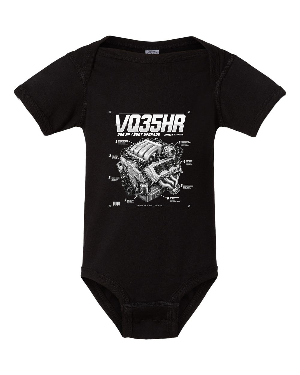 print of a Nissan 350Z Z33 VQ35HR engine plate with 306 HP and 7,500 RPM black baby onesie front view with the design
