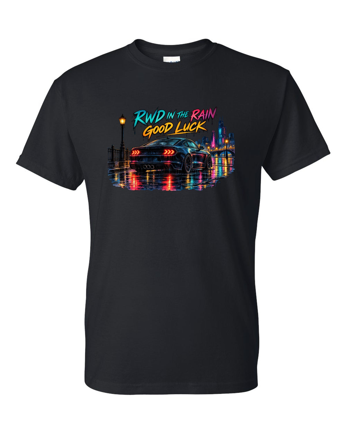 Hyundai Genesis Coupe BK2 watercolour wet road night print with RWD in the rain text black t-shirt front view with the design
