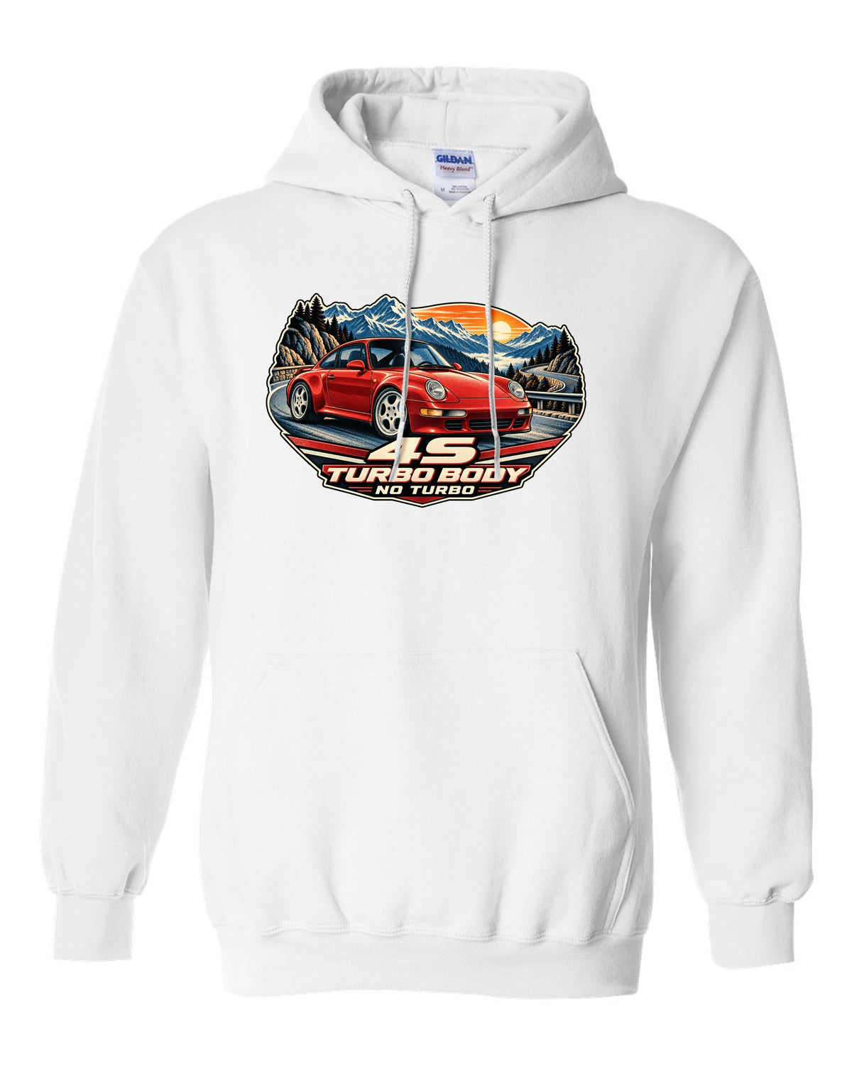 Shield crest print of a 1973 Porsche 911 Carrera RS 2.7 ducktail with the text RS 2.7, 210 PS and 975 KG white pull over hoodie front view with the design