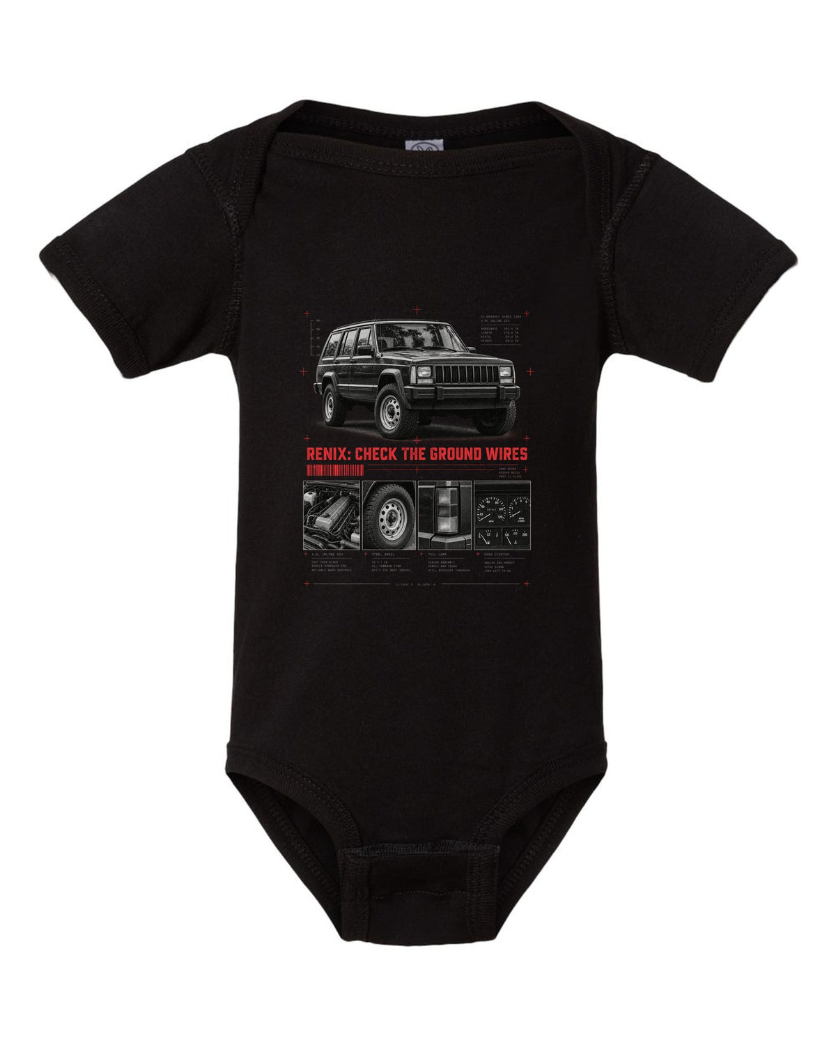 Dossier panel print for the Jeep Cherokee XJ Renix era, 1987-1990 4.0L black baby onesie front view with the design
