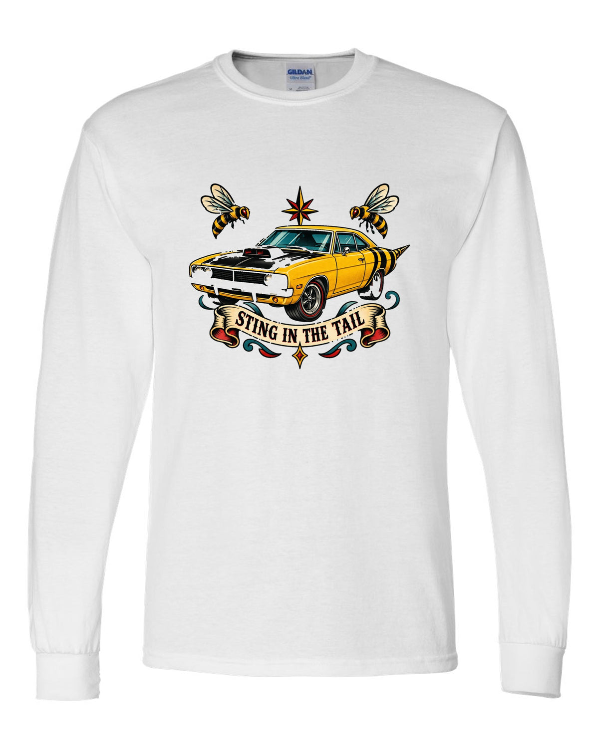 Hand-drawn tattoo flash print of a 1969 Dodge Coronet Super Bee with sting in the tail text white long sleeve front view with the design