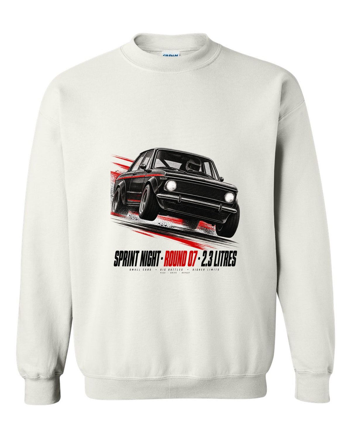BMW E30 M3 race poster print titled Sprint Night Round 07 with 2.3 litres text white crewneck front view with the design