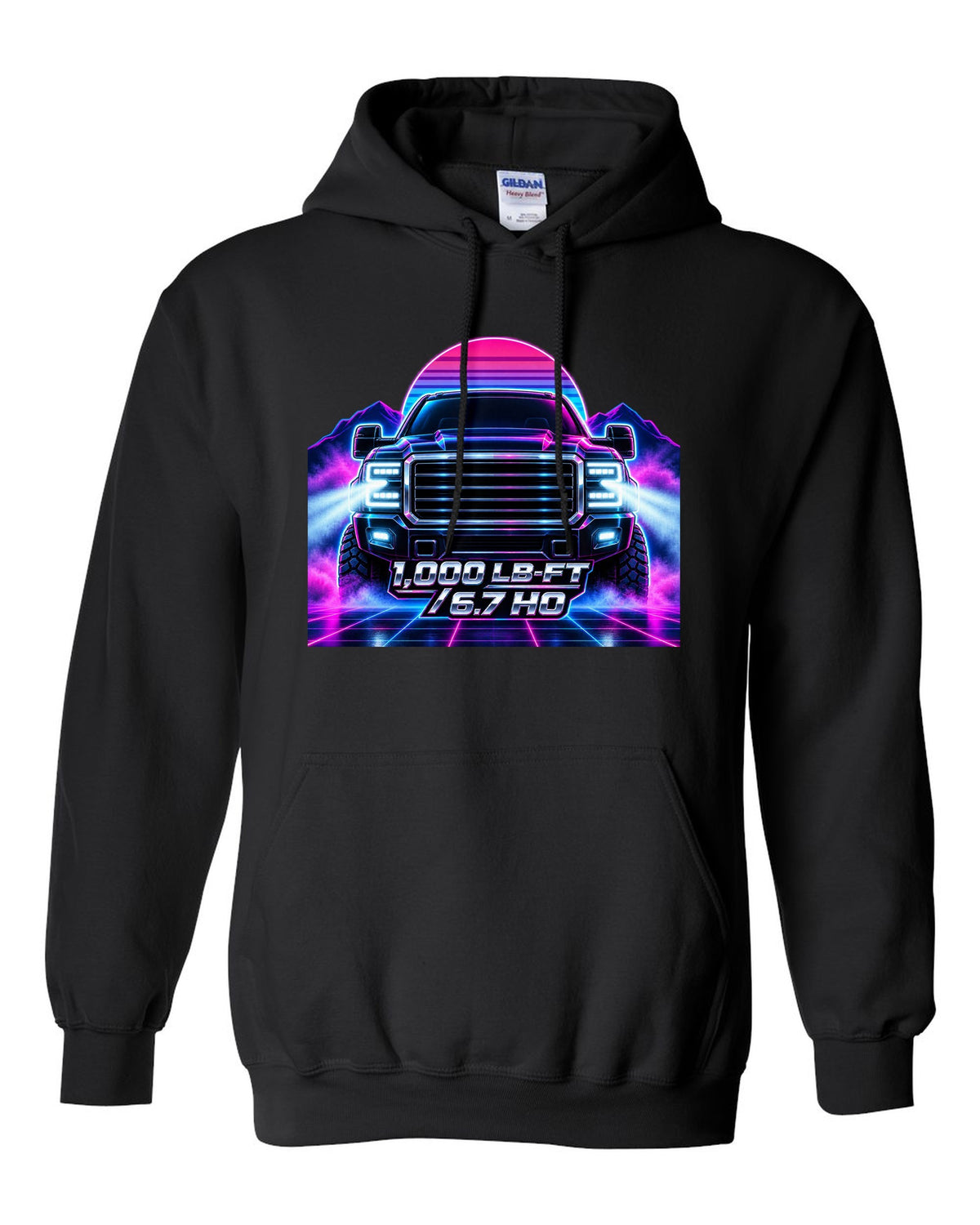 Neon synthwave grid print of a 2019-2024 Ram HD 2500 6.7 Cummins HO black pull over hoodie front view with the design