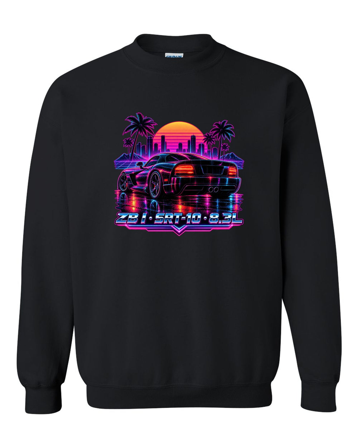 Synthwave neon rain street print of a 2005 Dodge Viper SRT-10 ZB I tail black crewneck front view with the design