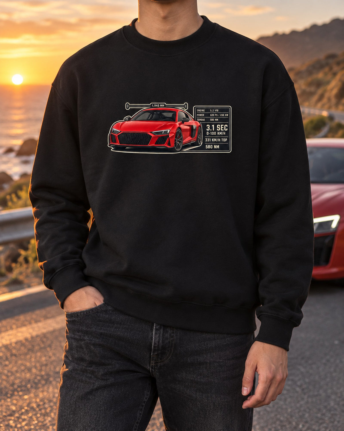 Audi R8 V10 Performance Spec Poster Tee, 331 km/h Top Speed Crewneck Black worn hero