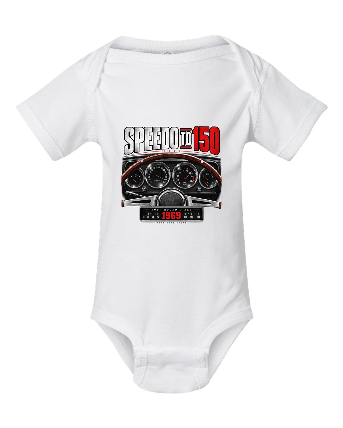 Cockpit gauge print of a 1969 Dodge Charger R/T with four round dials and a 150 speedometer white baby onesie front view with the design