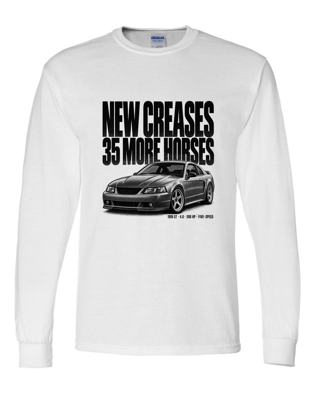 Halftone print of a 1999 Ford Mustang New Edge GT coupe white long sleeve front view with the design
