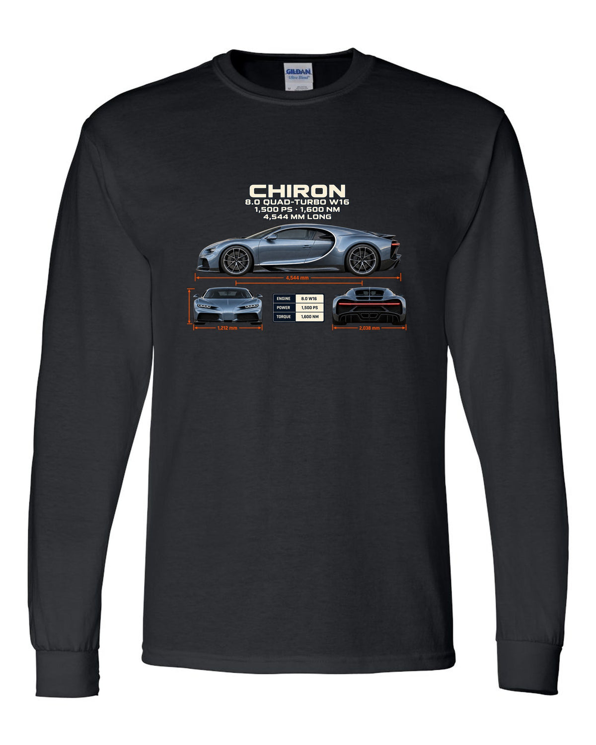 Three-view drawing and spec table of a Bugatti Chiron on the front of a tee black long sleeve front view with the design