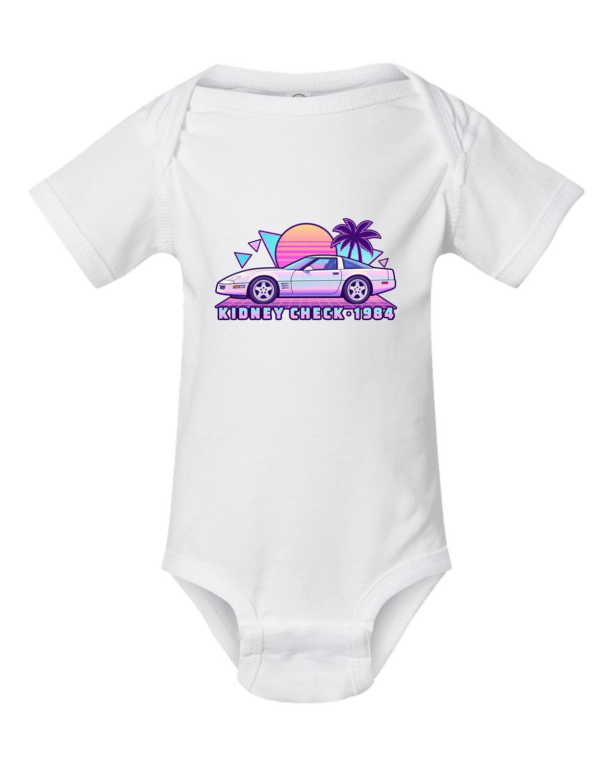 Pastel vaporwave print of a 1984 Chevrolet Corvette C4 coupe with Kidney Check text white baby onesie front view with the design