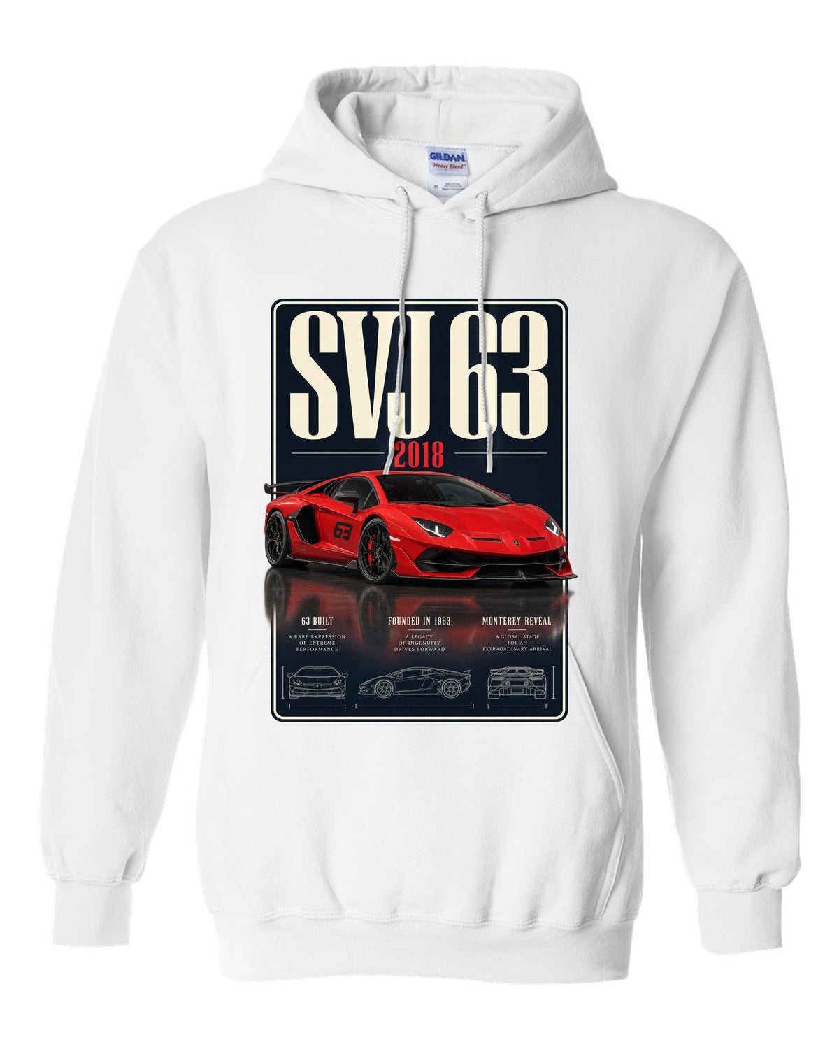 Archive panel print of the Lamborghini Aventador SVJ 63 limited edition white pull over hoodie front view with the design
