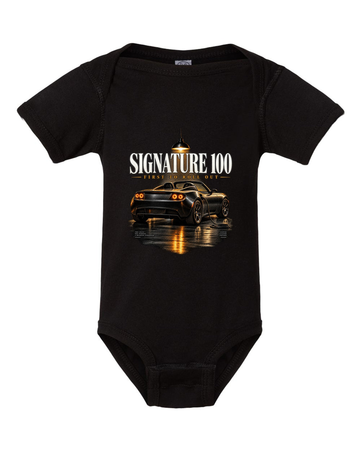 Tesla Roadster Gen 1 Signature 2008 in a night garage with the text Signature 100 first to roll out black baby onesie front view with the design