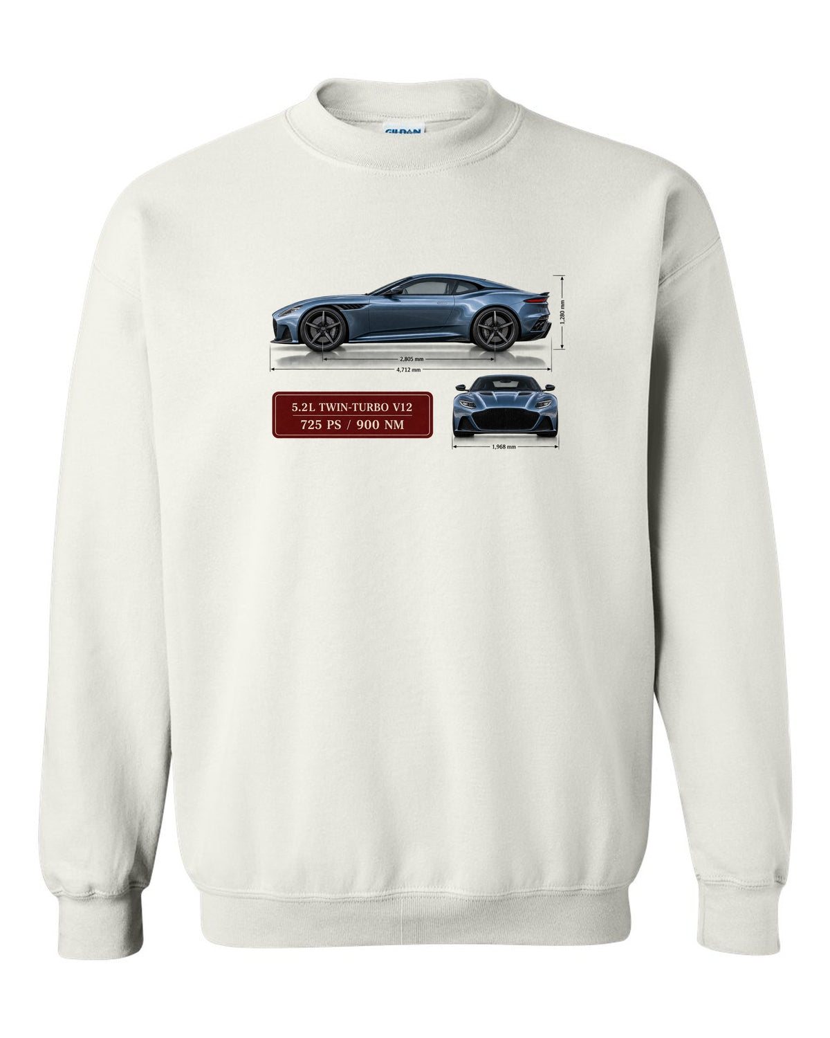 Aston Martin DBS Superleggera 2018 spec sheet print with 5.2L V12 725 PS 900 Nm white crewneck front view with the design