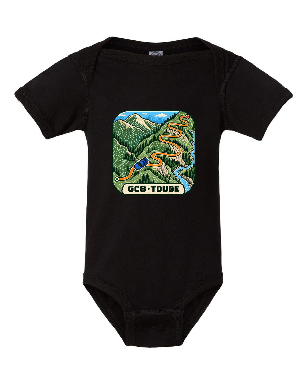 Subaru Impreza WRX GC8 touge route drawn as a topographic contour map, GC8 / TOUGE black baby onesie front view with the design