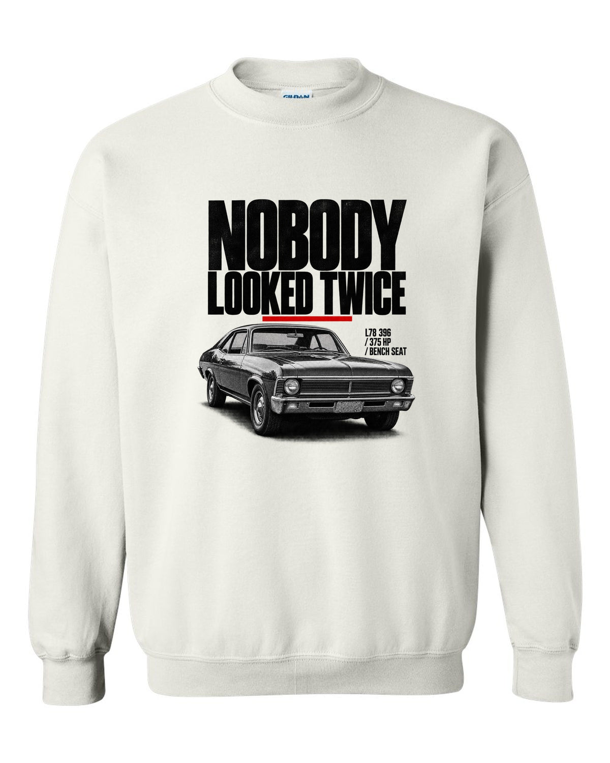 1969 Nova SS 396 halftone front three-quarter print with L78 396 specs white crewneck front view with the design