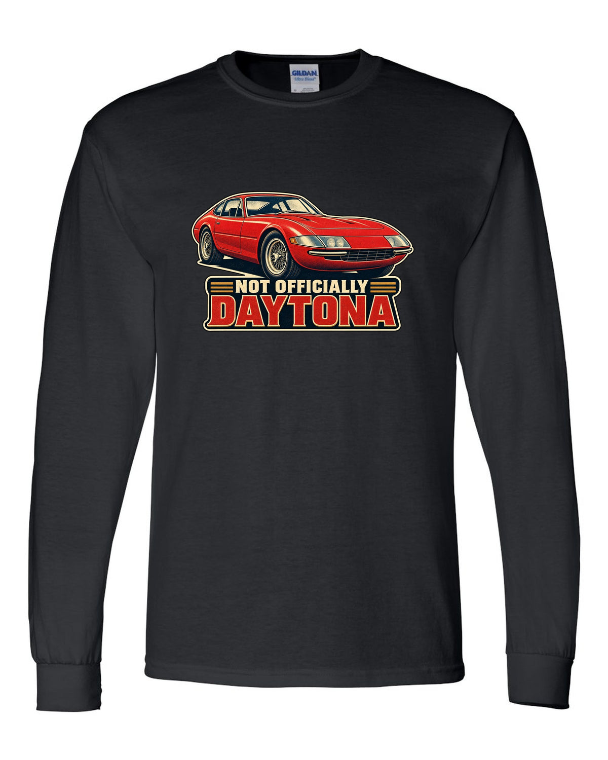 1960s race poster lithograph of the Ferrari 365 GTB/4 Daytona nose black long sleeve front view with the design