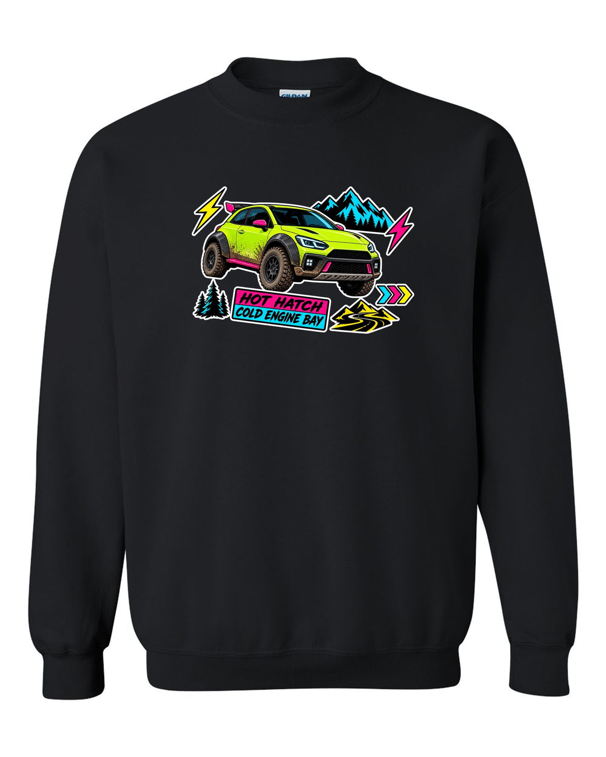 Rivian R3X die-cut slap sticker collage print with the text hot ch cold engine bay black crewneck front view with the design