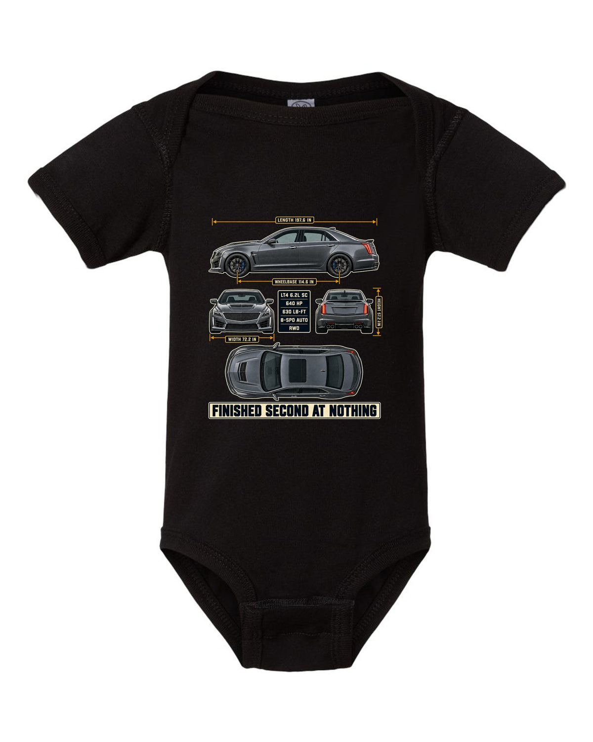 Dimension blueprint print of a 2016-19 Cadillac CTS-V sedan black baby onesie front view with the design