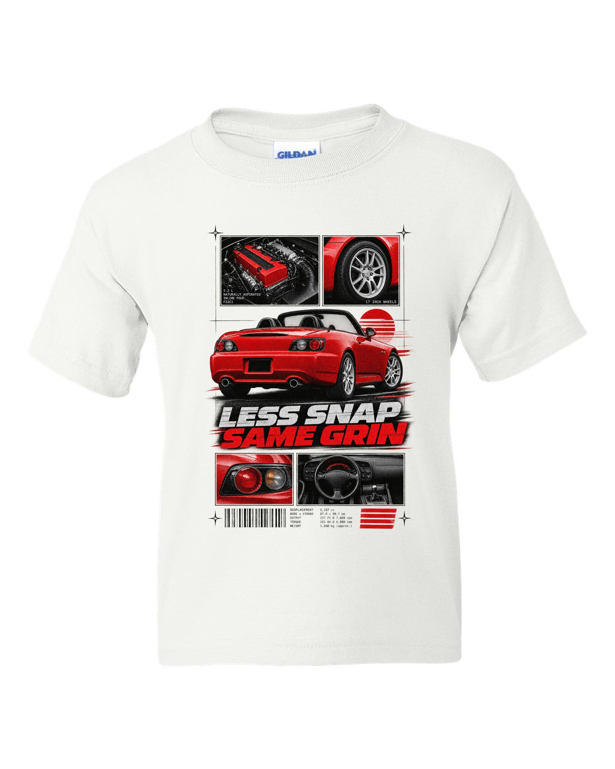 Honda S2000 AP2 roadster dossier panels design with 17 inch wheels less snap same grin text white kids tee front view with the design