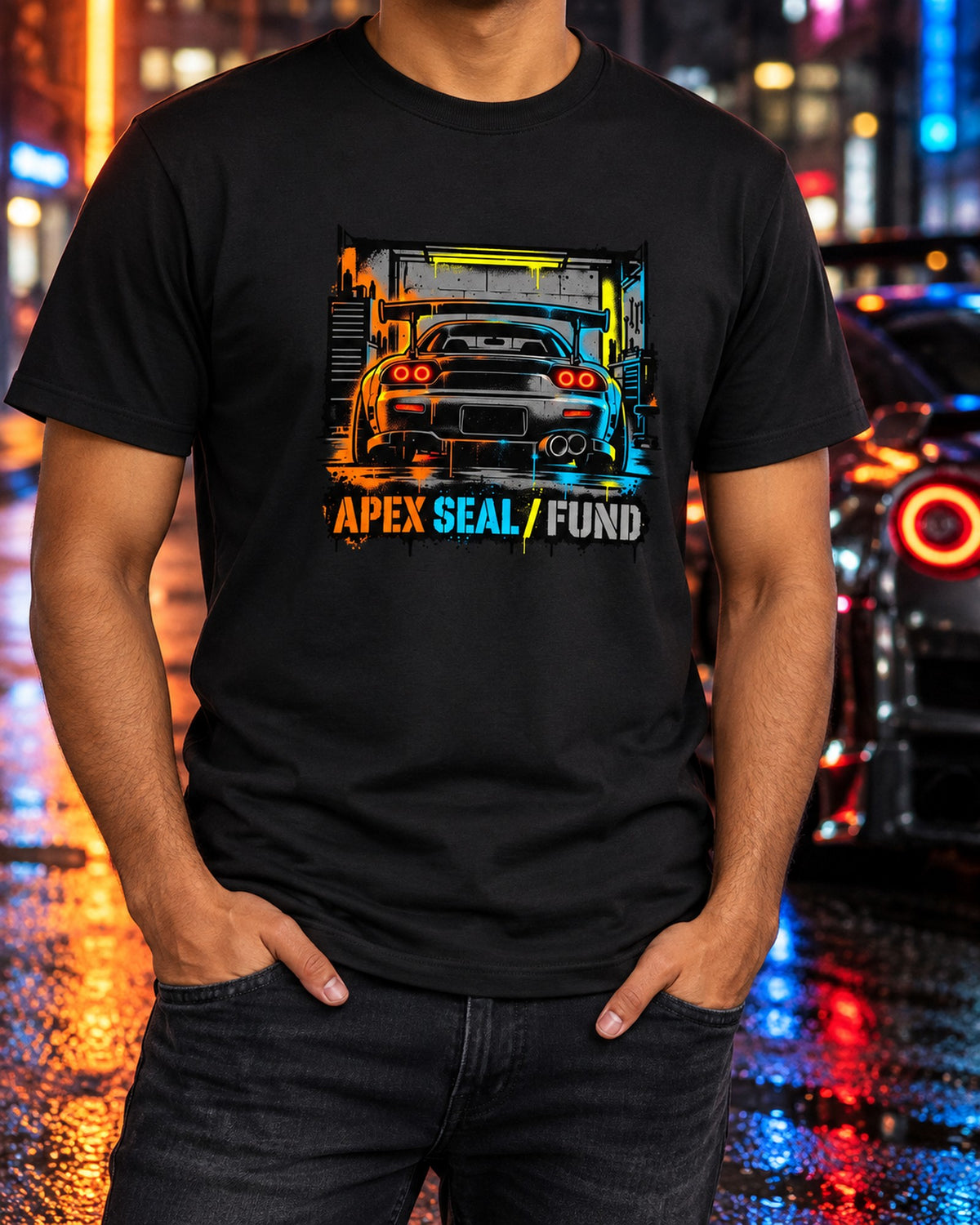 Rotary Never Dies Stencil Shirt, Mazda RX-7 FD3S Fan Gift T-Shirt Black worn hero
