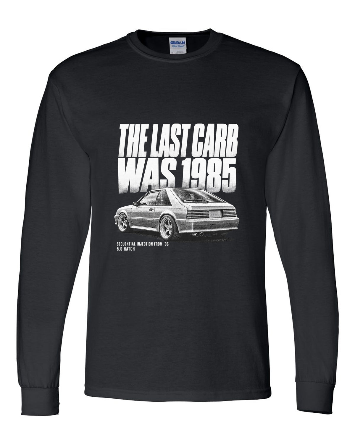 Halftone print of a 1986-89 Ford Mustang Fox Body GT chback black long sleeve front view with the design