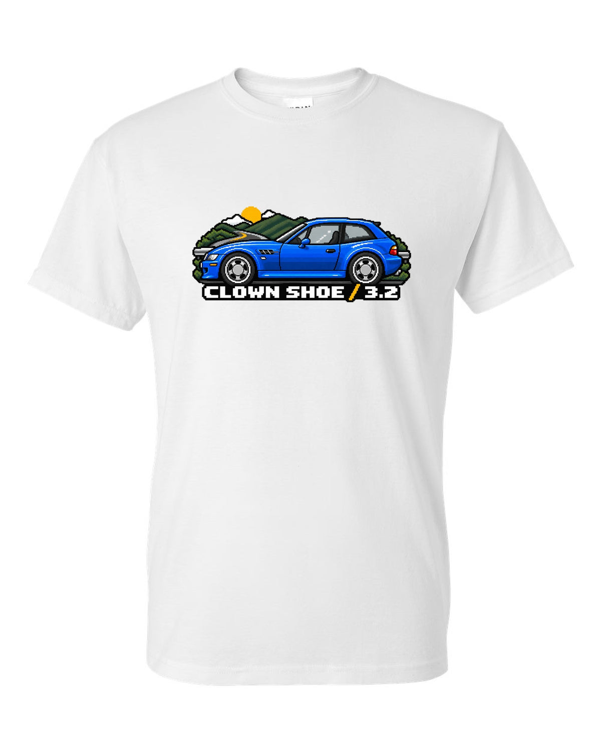 BMW Z4 M Coupe E86 coast road sunset watercolour print with S54 text white t-shirt front view with the design