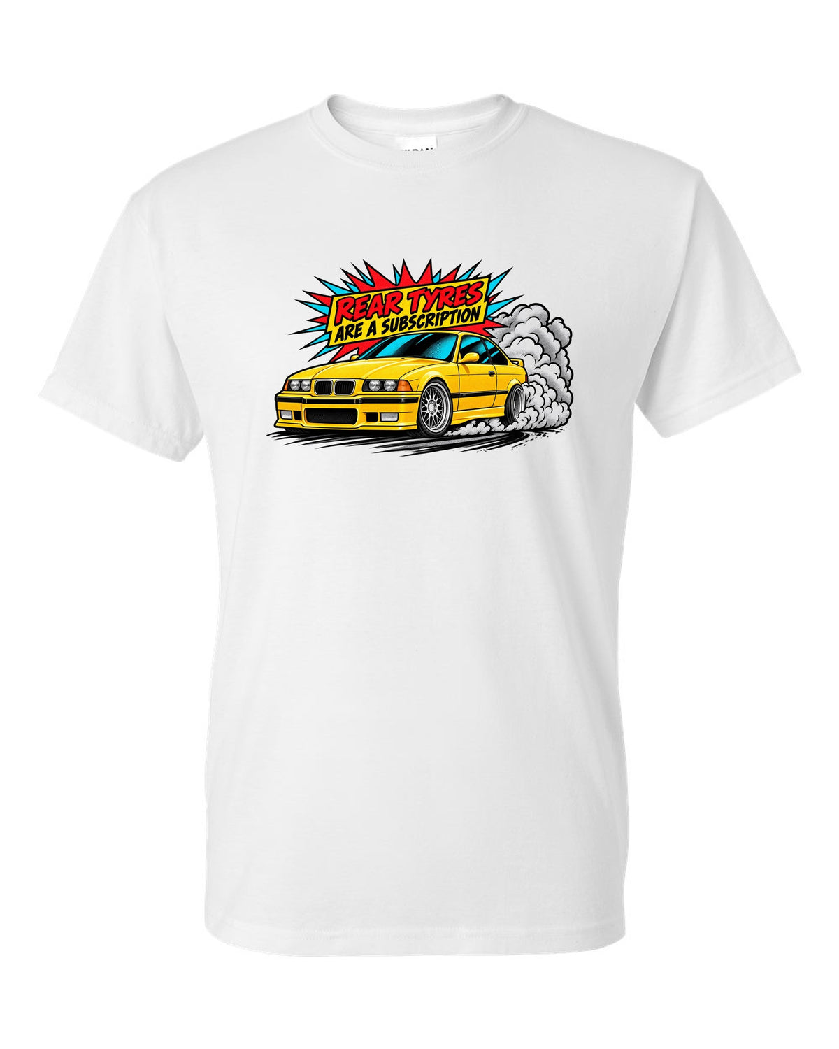 Risograph illustration of the stripped cockpit of a BMW E36 M3 Lightweight 1995 white t-shirt front view with the design