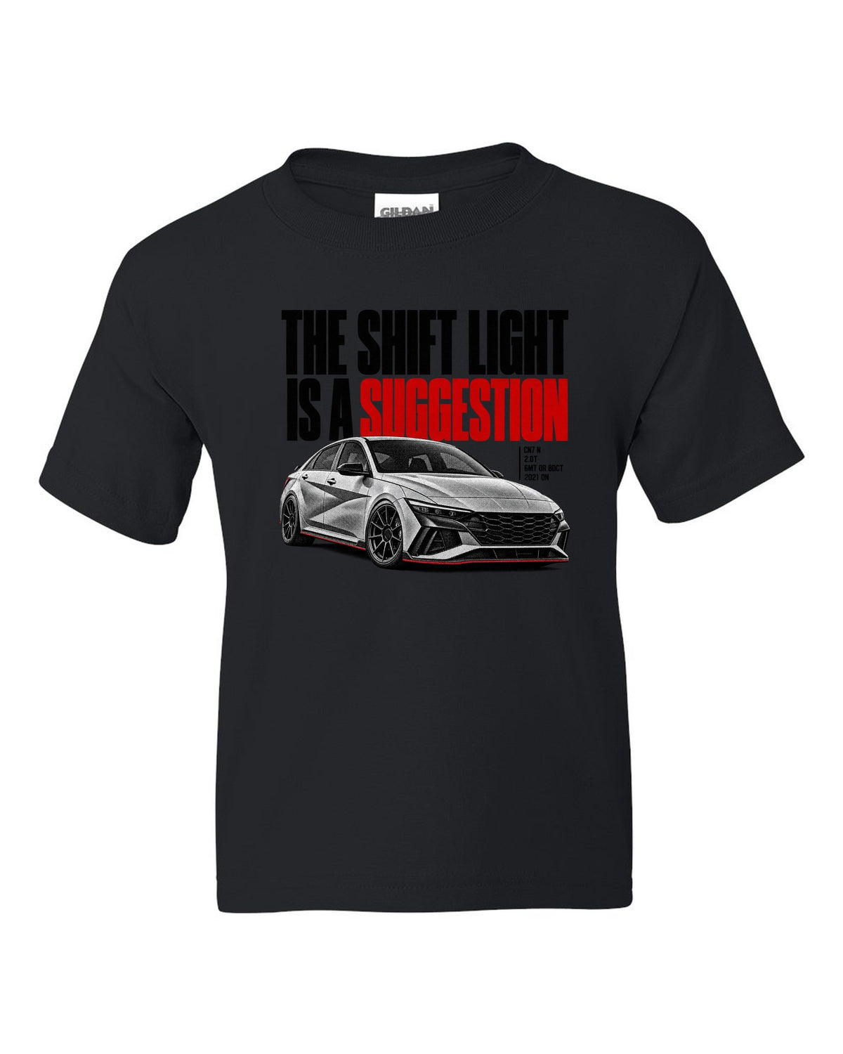 Halftone Hyundai Elantra N CN7 with the shift light is a suggestion text black kids tee front view with the design