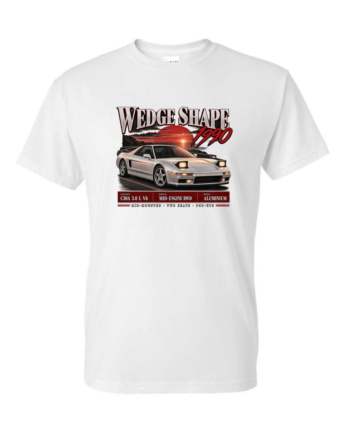 Honda NSX NA1 archive panel design with wedge shape 1990 text white t-shirt front view with the design