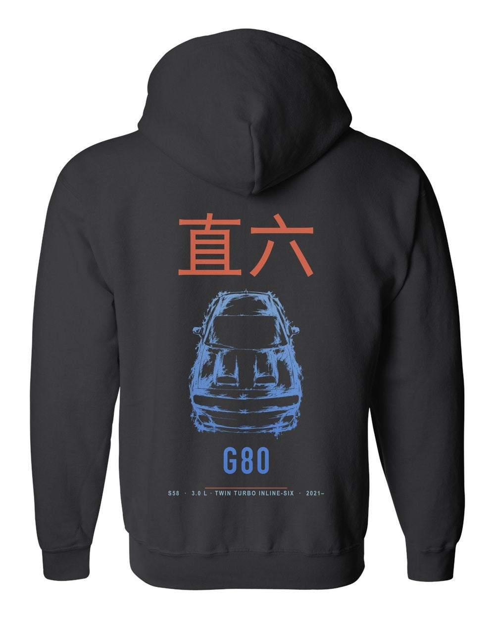 G80 full-back artwork black zip hoodie back view with the design