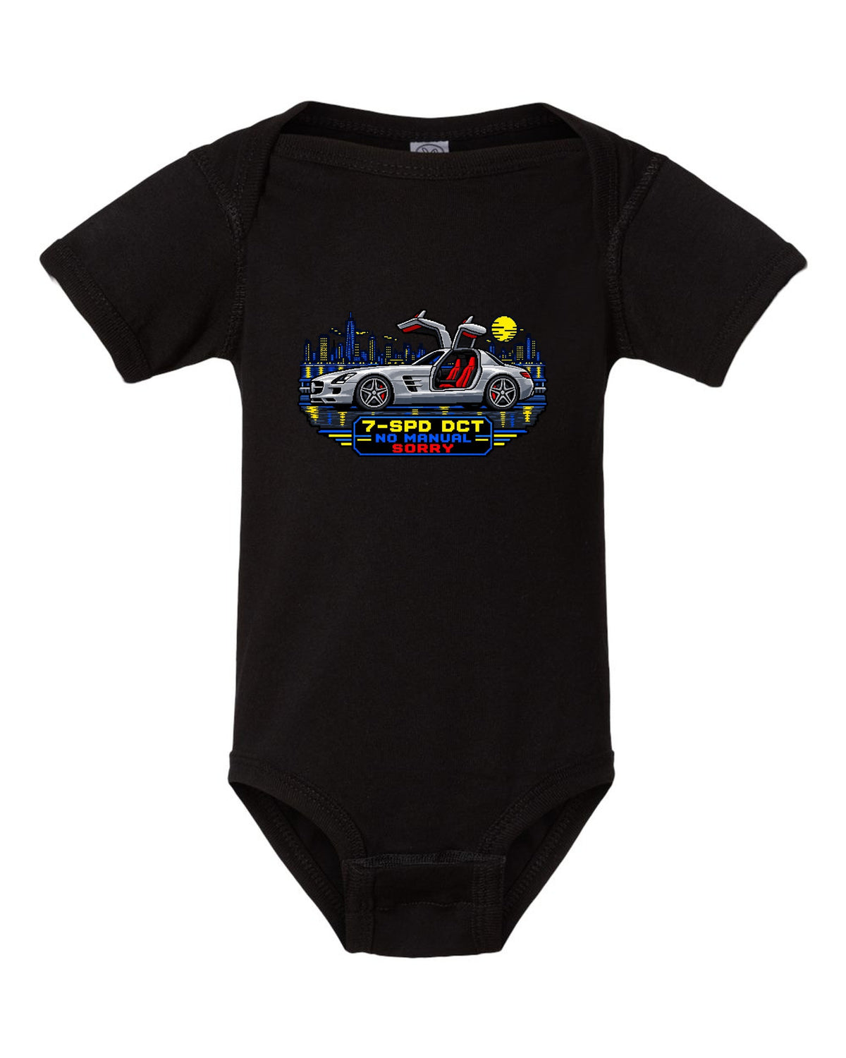 16-bit pixel art Mercedes SLS AMG C197 gullwing with 7-SPD DCT No Manual Sorry text black baby onesie front view with the design