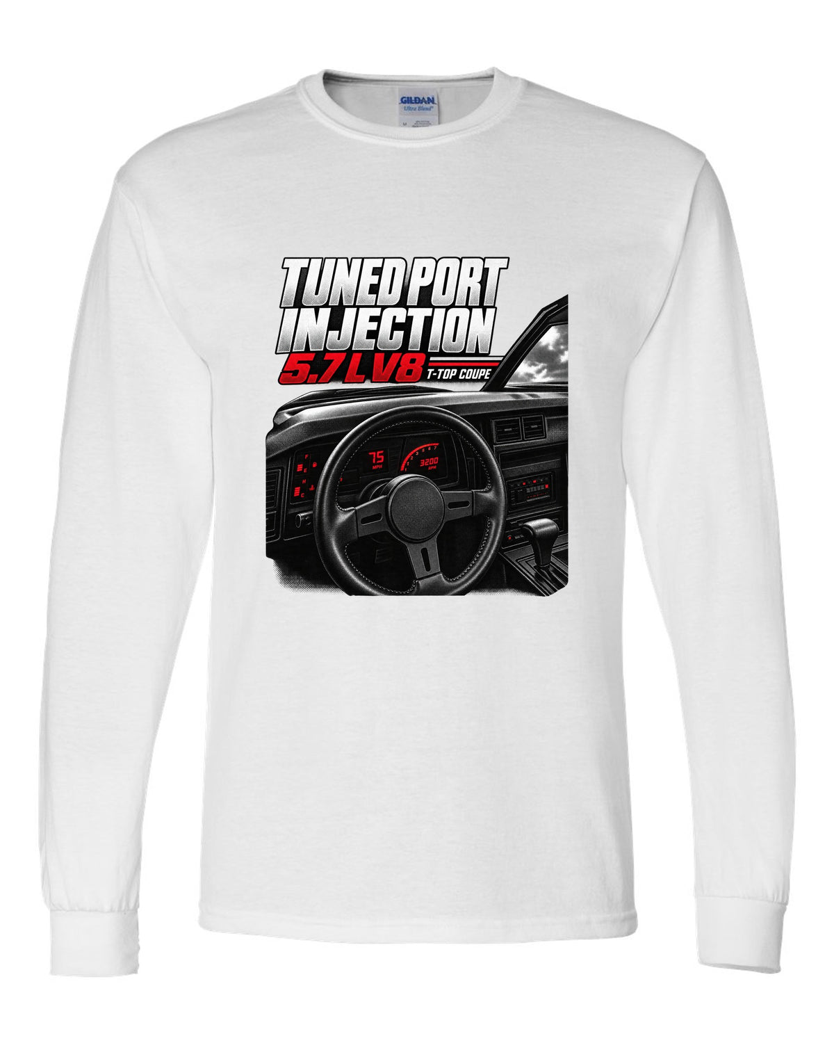 Cockpit and gauge cluster print of a 1988 Chevrolet Camaro IROC-Z with 5.7 L V8 text white long sleeve front view with the design