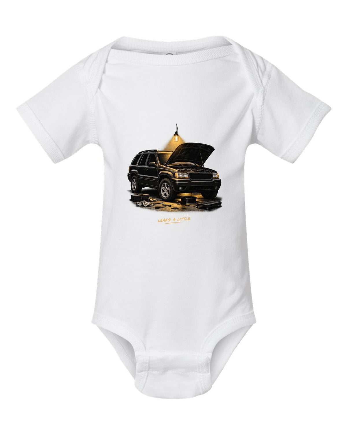 Jeep Grand Cherokee WJ in a night garage print with 1999 4x4 caption white baby onesie front view with the design