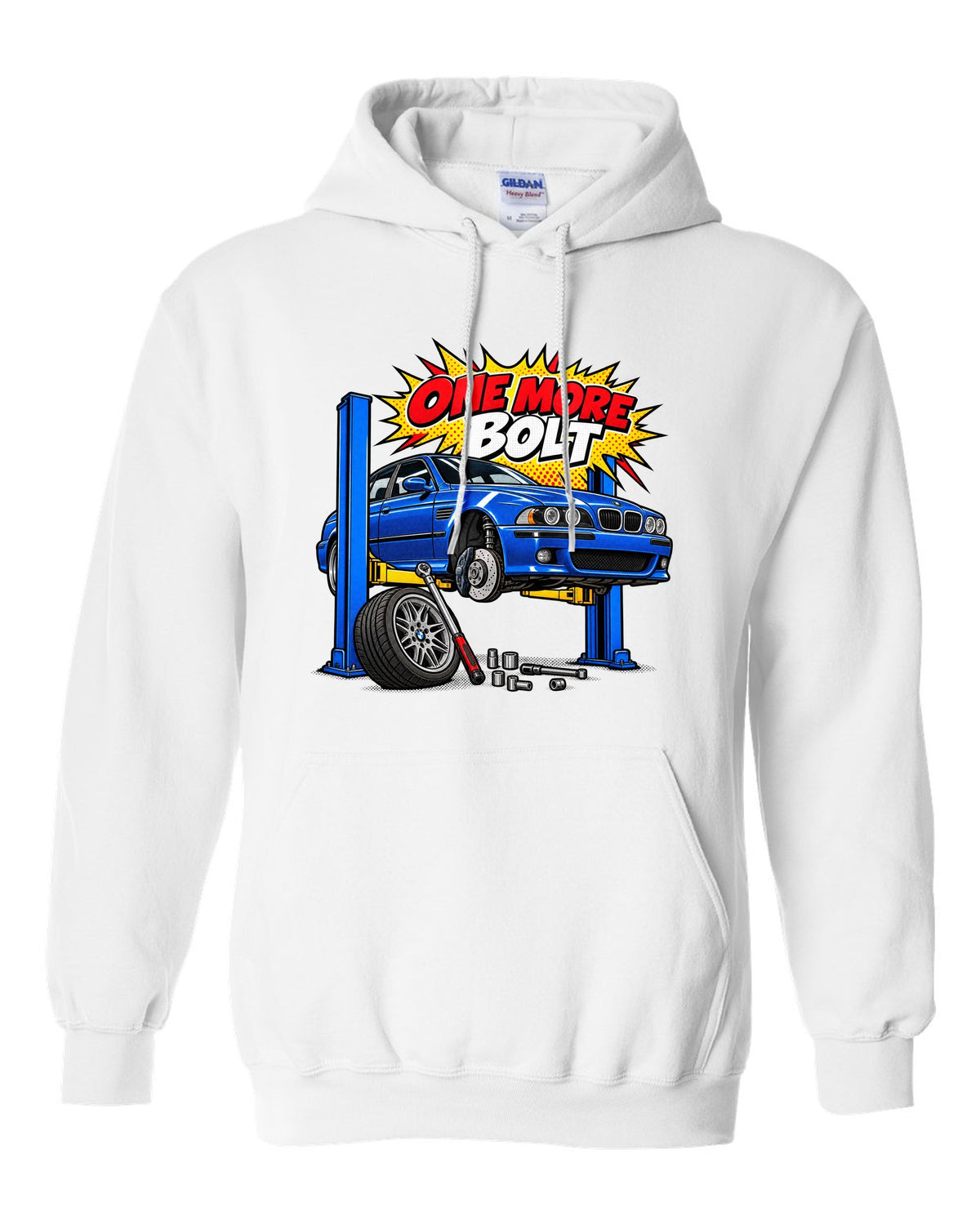 Ukiyo-e woodblock wave print of a BMW M5 E39 with S62 4.9 V8 text white pull over hoodie front view with the design