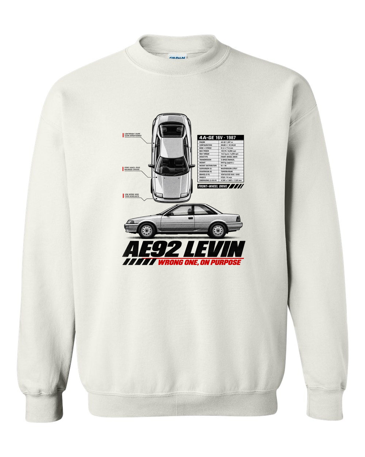 Spec poster print of a Toyota Corolla Levin AE92 with 4A-GE 16V and front-wheel drive text white crewneck front view with the design
