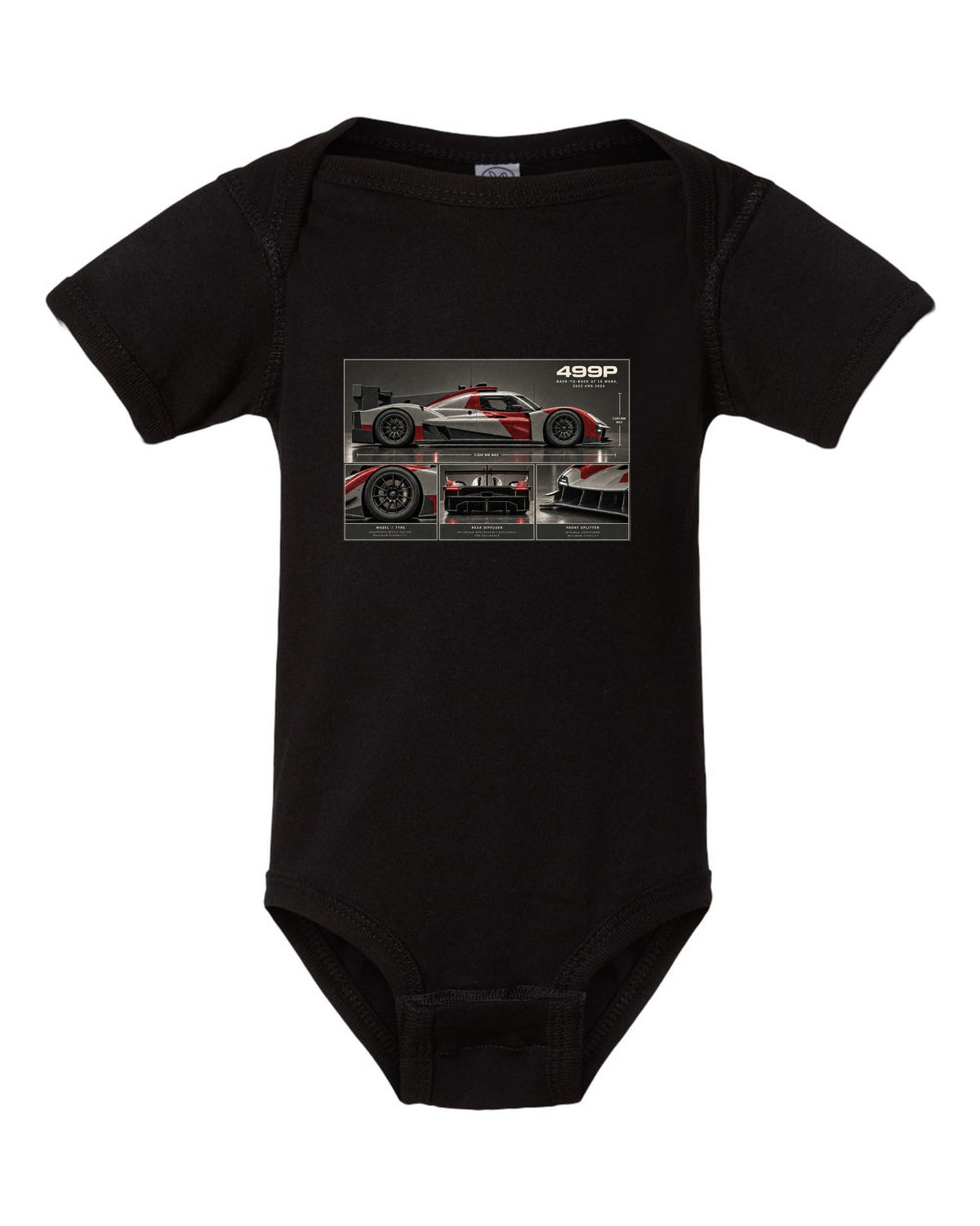 Ferrari 499P dossier panel print noting back-to-back at Le Mans 2023 and 2024 black baby onesie front view with the design