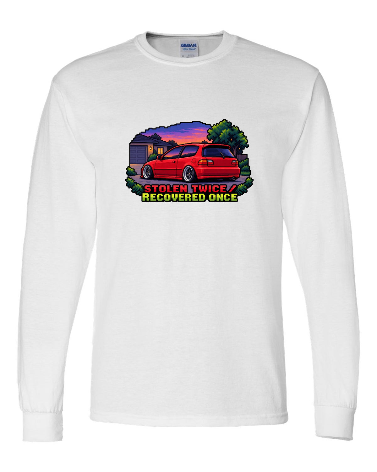 16-bit pixel art Honda Civic EG6 SiR print with stolen twice text white long sleeve front view with the design