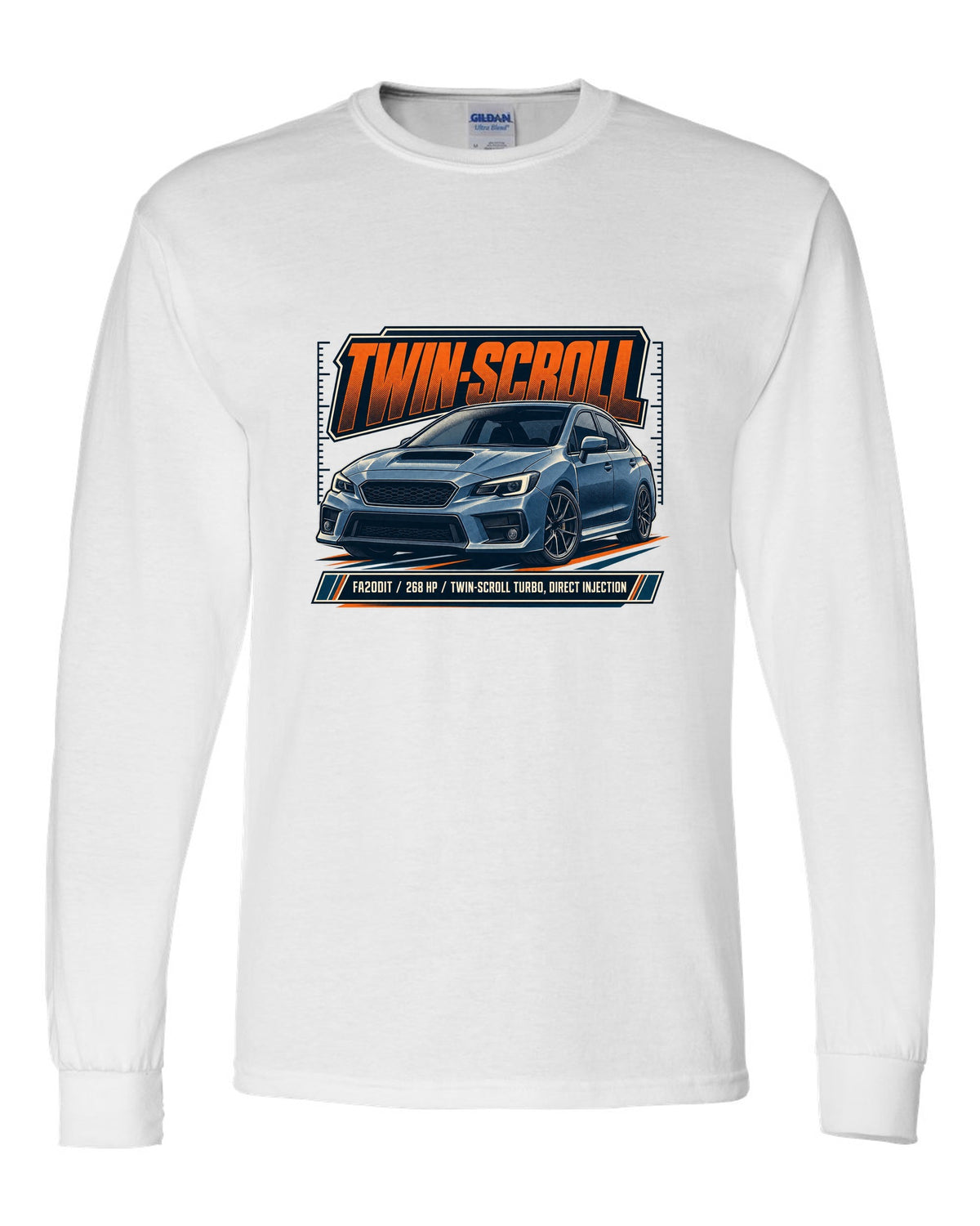 Subaru WRX VA sedan front three-quarter halftone design white long sleeve front view with the design