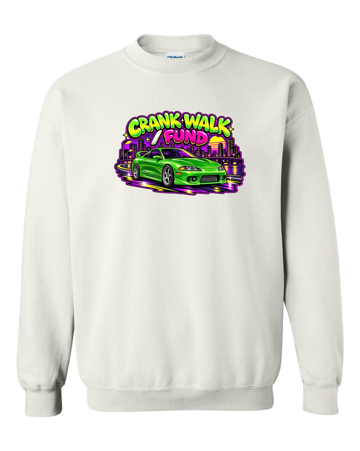 Retro 90s Saturday-morning cartoon style print of a green Mitsubishi Eclipse GSX 2G with crank walk fund text white crewneck front view with the design