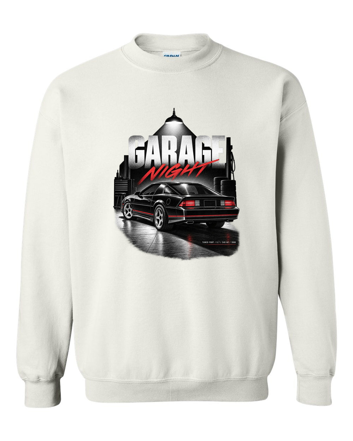 Garage-night print of a 1990 Chevrolet Camaro IROC-Z with tuned port 5.7 245 hp text white crewneck front view with the design