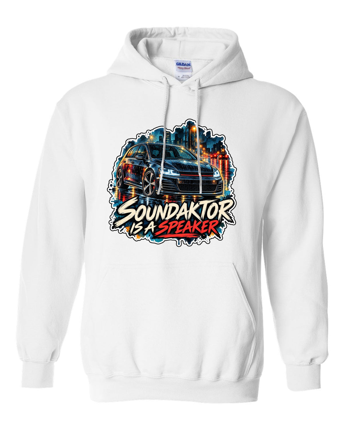 Watercolour wet-road night scene of a VW Golf Mk7 GTI with Soundaktor is a speaker text white pull over hoodie front view with the design