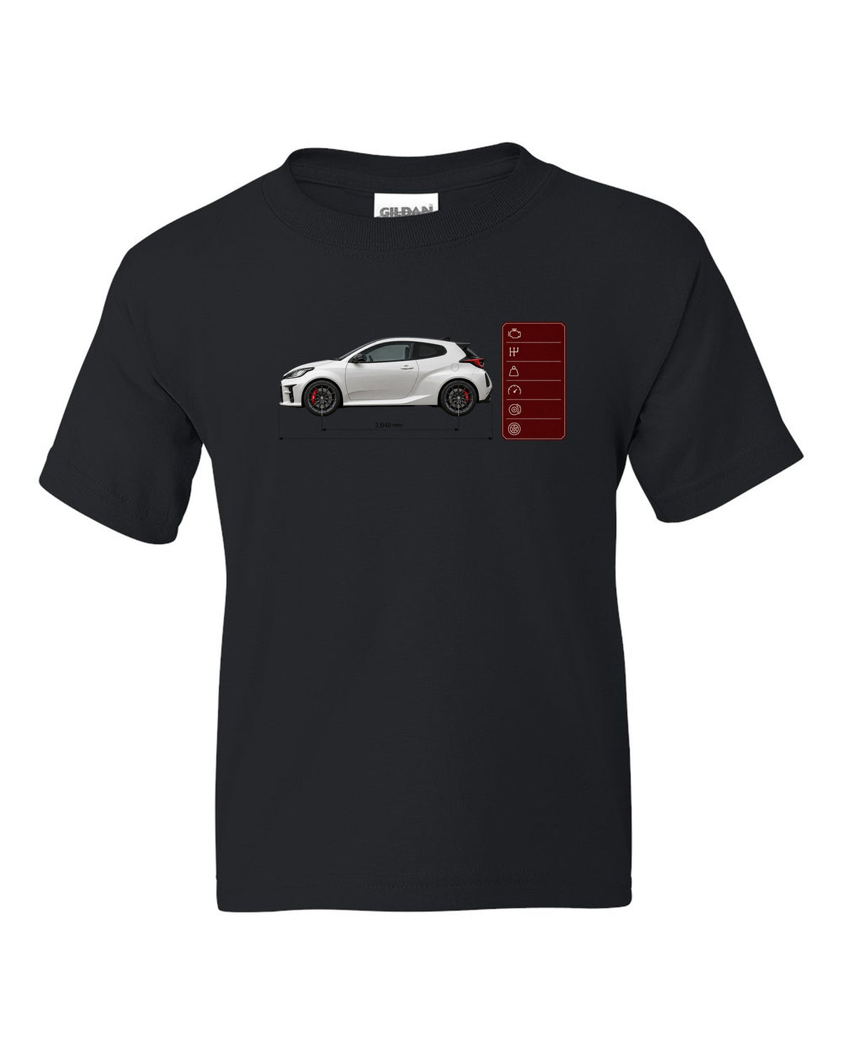 Pearl white-grey Toyota GR Yaris Circuit Package spec poster with homologation text black kids tee front view with the design