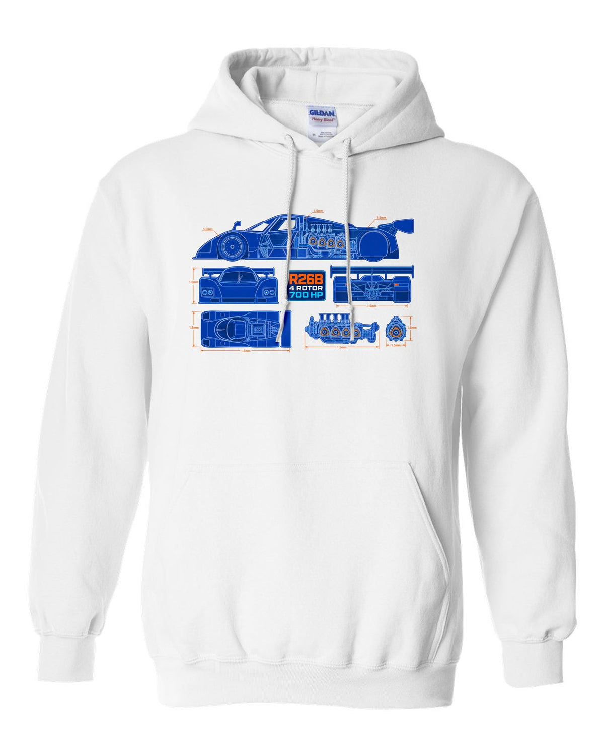 Technical blueprint cutaway of the Mazda 787B R26B four-rotor engine with 700 HP lettering white pull over hoodie front view with the design